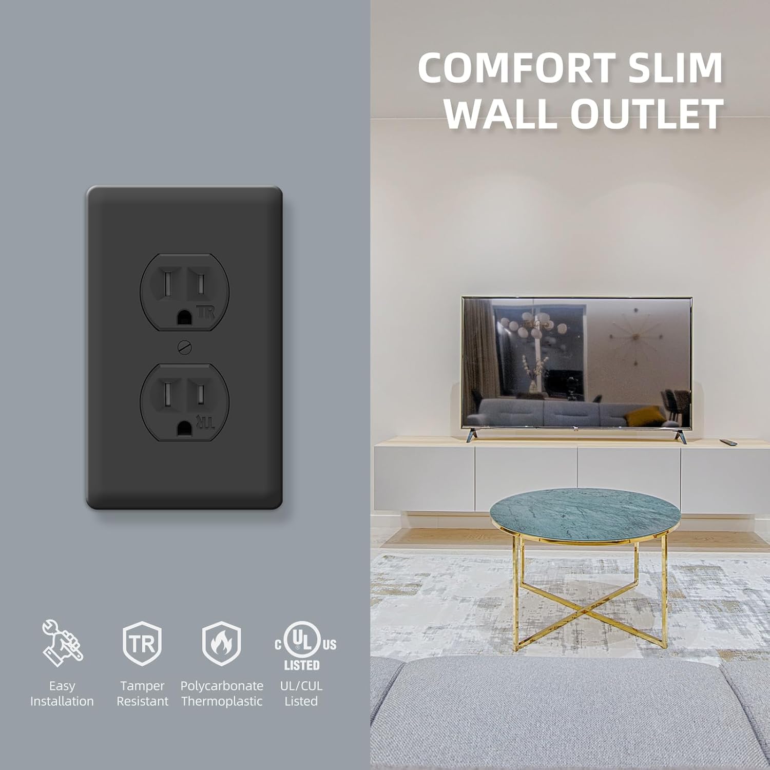 10Pack Duplex Receptacle Outlet, Tamper Resistant 15 Amp Standard Electrical Outlets, Residential and Commercial Use, 15A 125V, UL Listed, Black