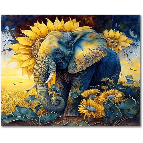 TISHIRON Elephant DIY Paint by Numbers for Adults Sunflower Painting by Numbers Kits with 3 Paintbrushes and Acrylic Pigment 16X20 Inch Flameless Canvas Wall Decor Oil Painting for Friends Family