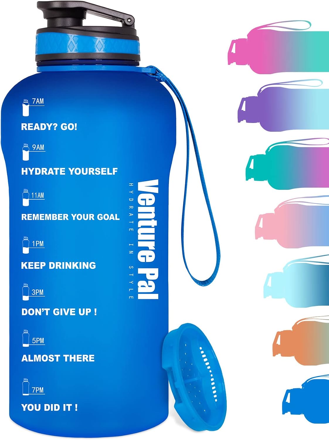 Venture Pal Half Gallon/64oz Motivational Water Bottle with Time Marker & Removable Strainer, Leakproof BPA Free Water Jug to Remind You Drink More Water, Hydrate in Style
