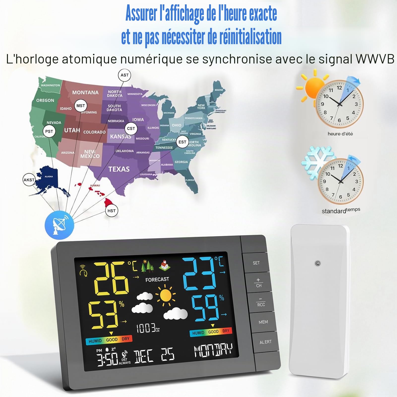 Station météo sans fil avec capteur extérieur, prévisions météorologiques, température, humidité, réveil, pression atmosphérique, distance de transmission de 100 m, station météo avec capteur