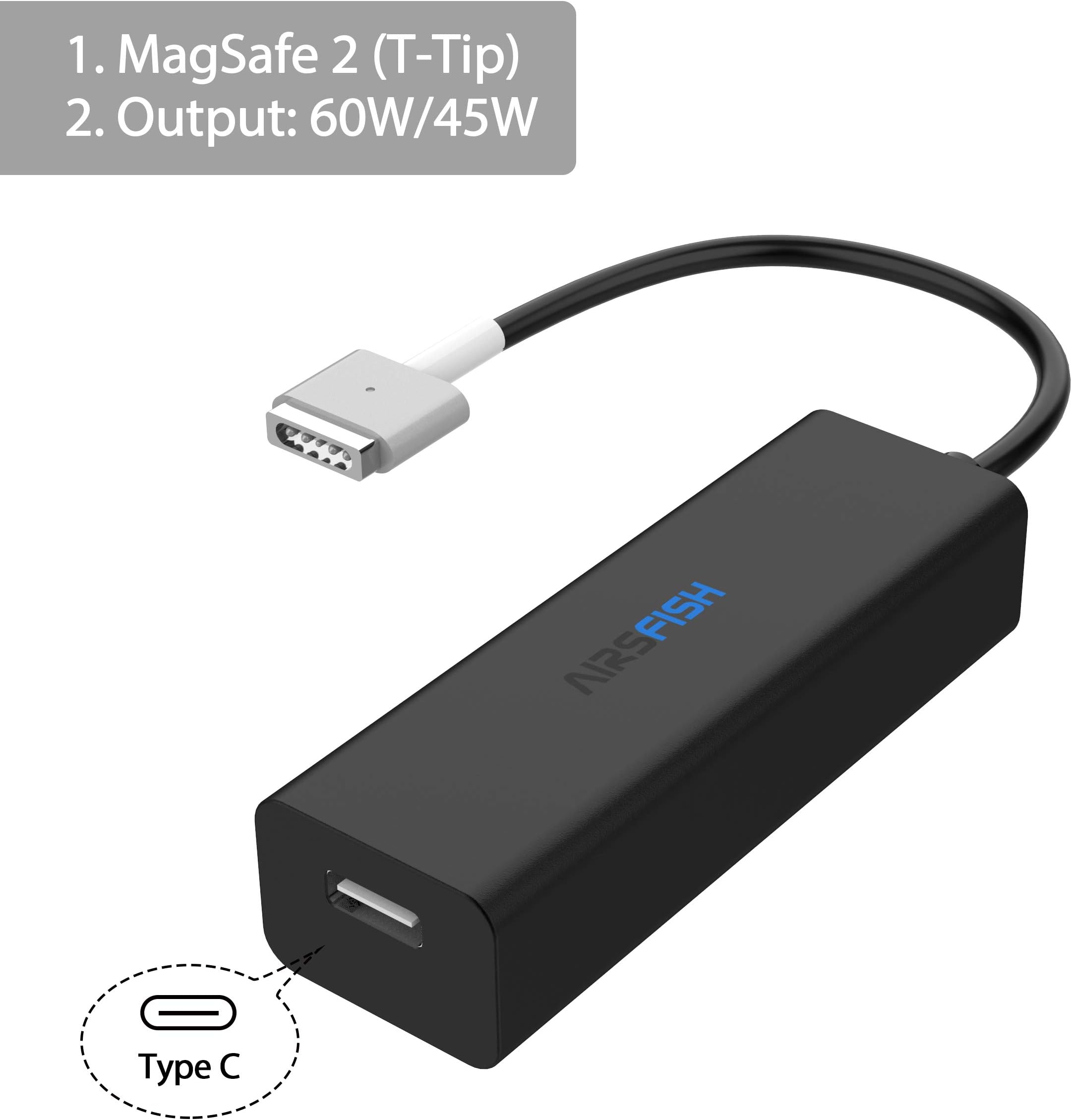 AirsFish USB C to Magsate 2 (T-Tip) 60W Adapter 60W 45W Conterter Connector Power Adapter Compatible with MacBook Pro A1425/A1426 (Black)