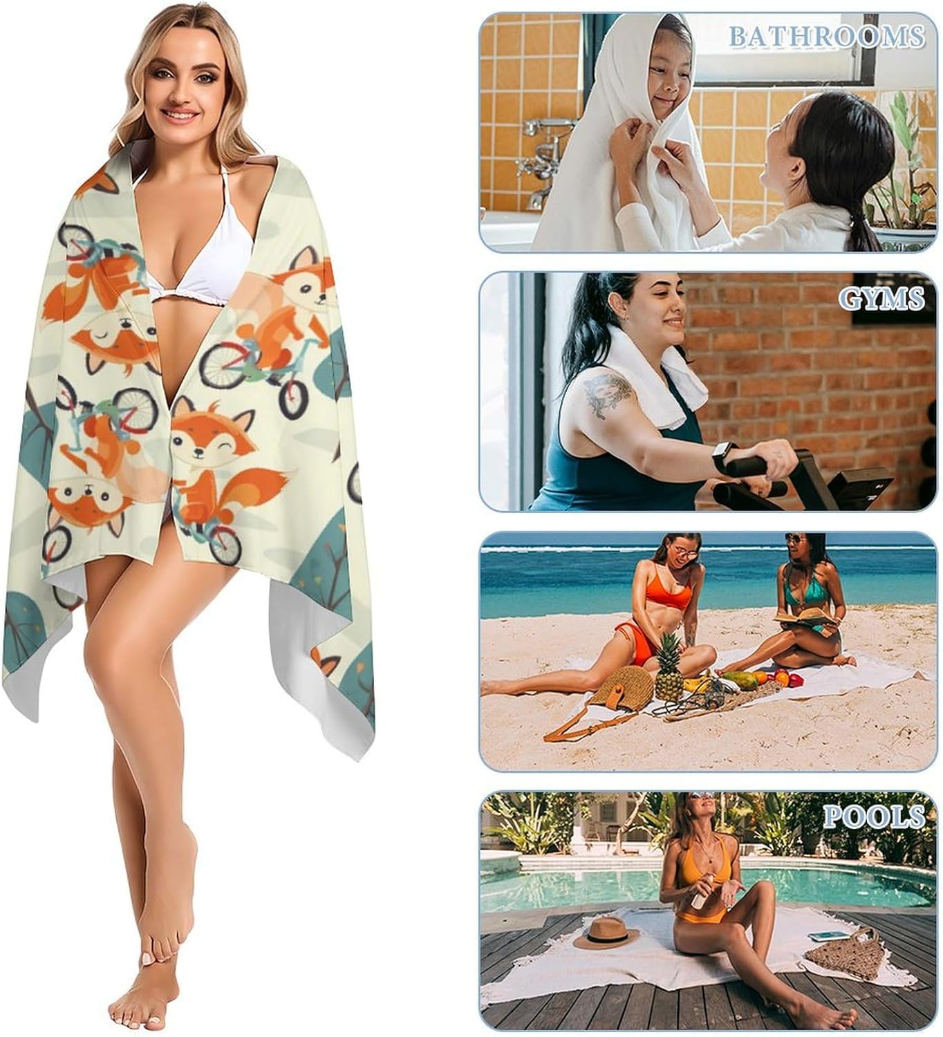 Foxes Riding Bicycles Bath Towel Beach Towels Quick Dry Oversized Bath Blanket Highly Absorbent Towel for Women Men 160x80cm