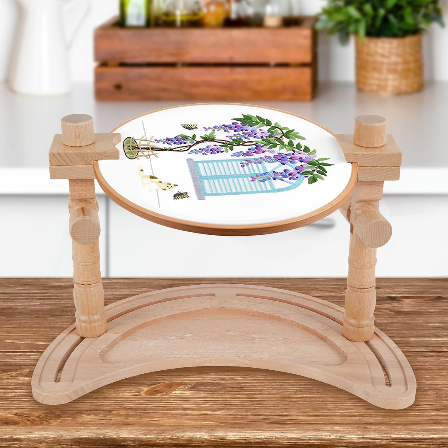 Adjustable Embroidery Hoop Stand, Embroidery Stand Adjustable Embroidery Hoop Stand, Beech Wood Embroidery Hoop Holder Frame, DIY Craft Sewing, Easy Use Lifesaver Embroidery Supplies