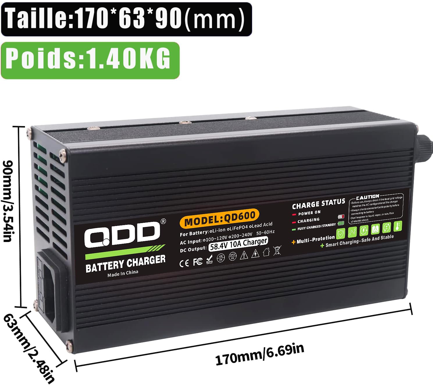 QDD 58,4 V 10 A ładowarka 48 V LiFePO4 ładowarka do akumulatorów 16S 48 V LiFePO4 Smart Charger Full z przyłączem zaciskowym krokodylkowym