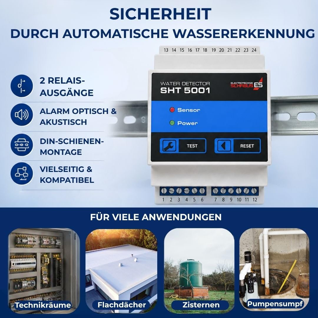 Schabus Wassermelder SHT 5001 DIN-Schiene, 2 Relais-Ausgänge | 2 Meldelinien, 12-24V DC, Professioneller Wasseralarm, Made in Germany