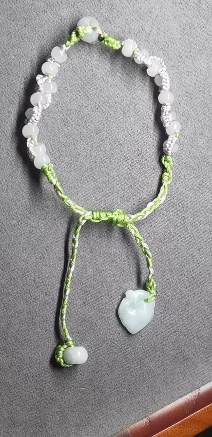 Natural Jadeite Bracelet, White and Green Jade Beads with Heart Pendant,