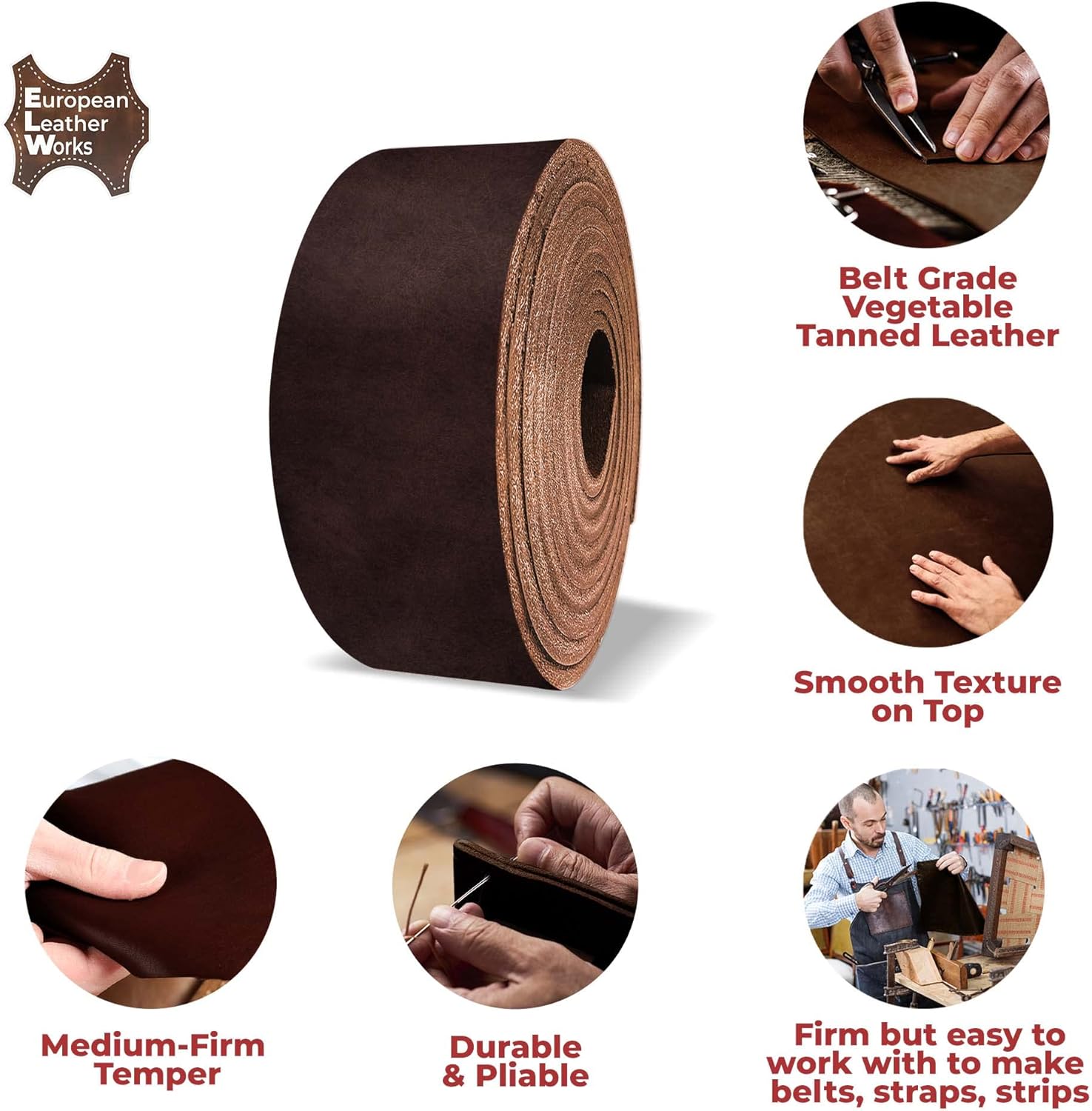 European Leather Work 8-9 oz. (3.2-3.6mm) Vegetable Tanned Leather Belt Blanks Size: 1-1/2"x60" | Dark Brown Color | Full Grain Cowhide Leather Belt Straps/Strips for Tooling, Carving, Stamping