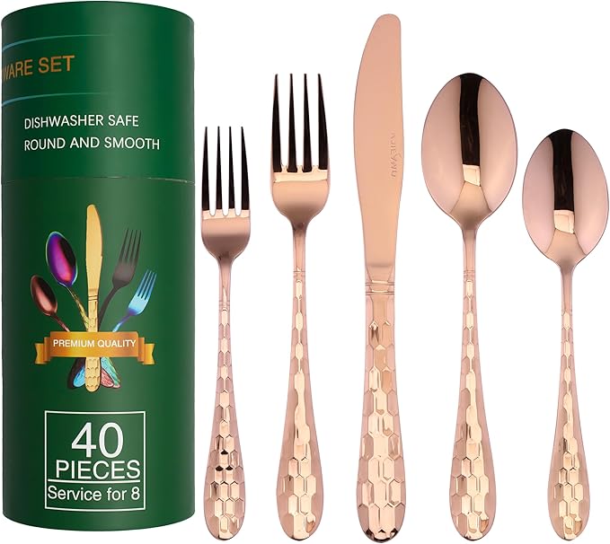 Silverware Set, Flatware Set Service for 8 Premium Stainless Steel Cutlery Set 40 Piece Include Upgraded Knife Spoon Fork Mirror Polished, Dishwasher Safe (Rose Gold)