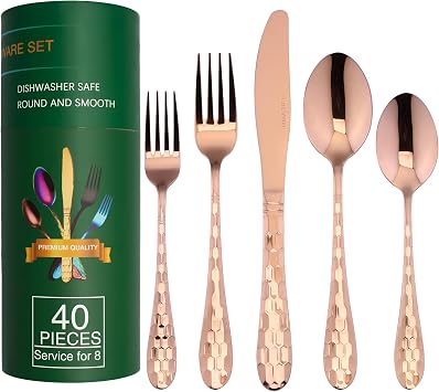 Silverware Set, Flatware Set Service for 8 Premium Stainless Steel Cutlery Set 40 Piece Include Upgraded Knife Spoon Fork Mirror Polished, Dishwasher Safe Rose Gold