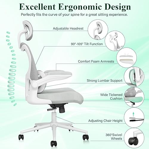 Miniatura 4 de SUNNOW Silla de oficina ergonómica, cómoda silla de escritorio de malla, sillas de juegos de computadora de respaldo alto con soporte lumbar