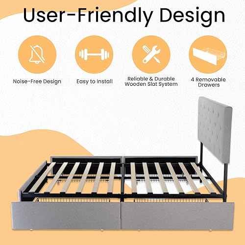 Miniatura 7 de SHA CERLIN Base de cama tapizada de tamaño matrimonial con 4 cajones de almacenamiento, cabecera ajustable con diseño de botón cosido de diamante,