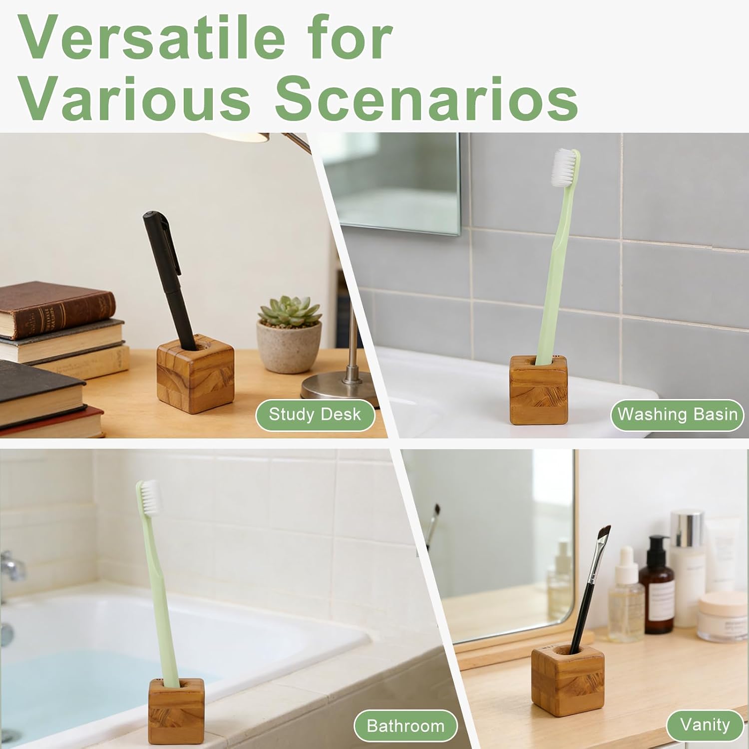 HTB Toothbrush Holder for Bathroom 2 Pack Teak Wood