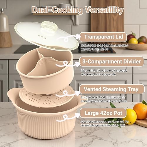 Miniatura 4 de Vaporizador de silicona para microondas de 42 onzas para verduras y cocinar, microondas de 3 compartimentos con tapa, apto para horno y