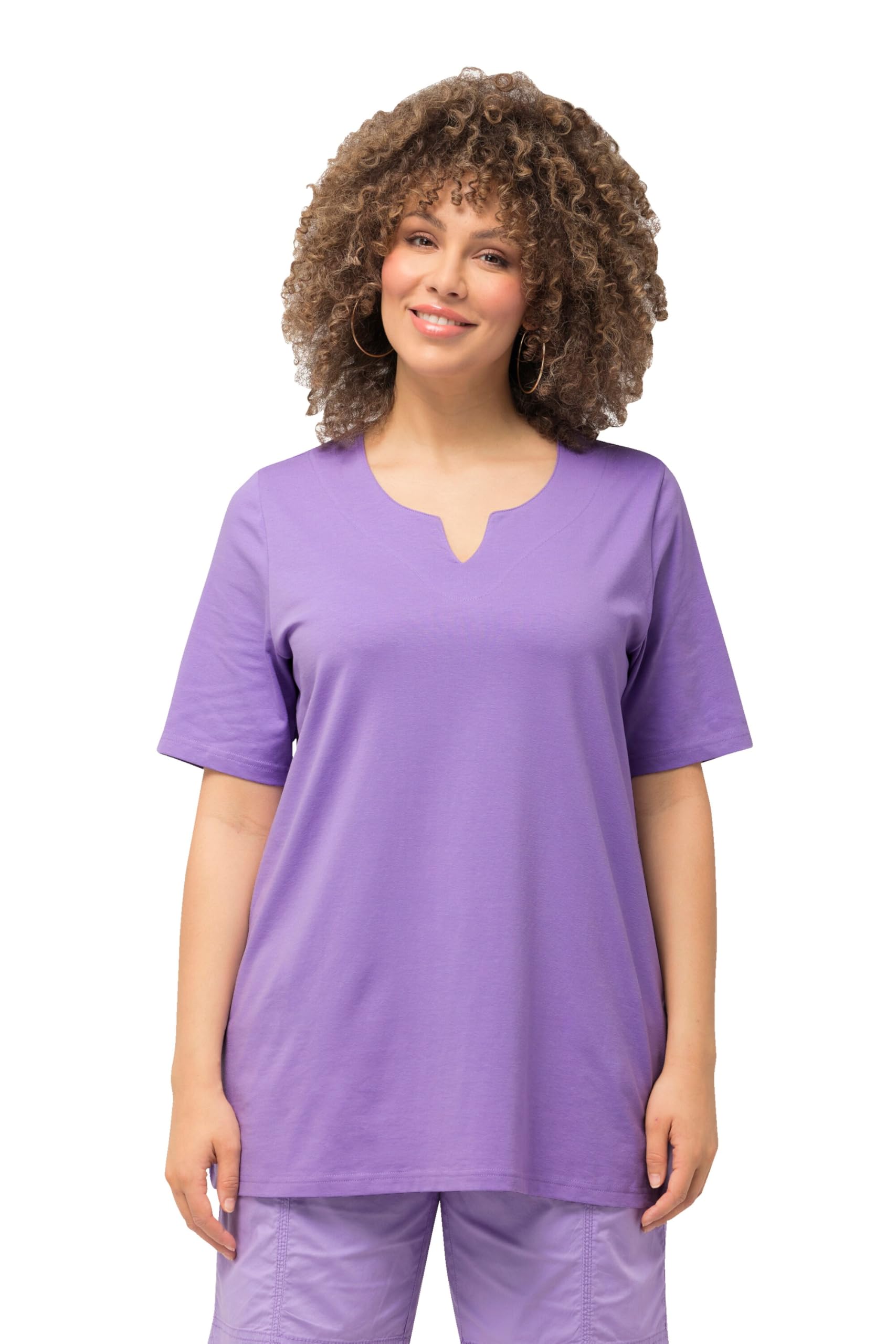 Ulla Popken Women's T-Shirt, A-Linie, Tunika-Ausschnitt, Halbarm Drop Neckline, Blue Lilac, 36-38 Plus