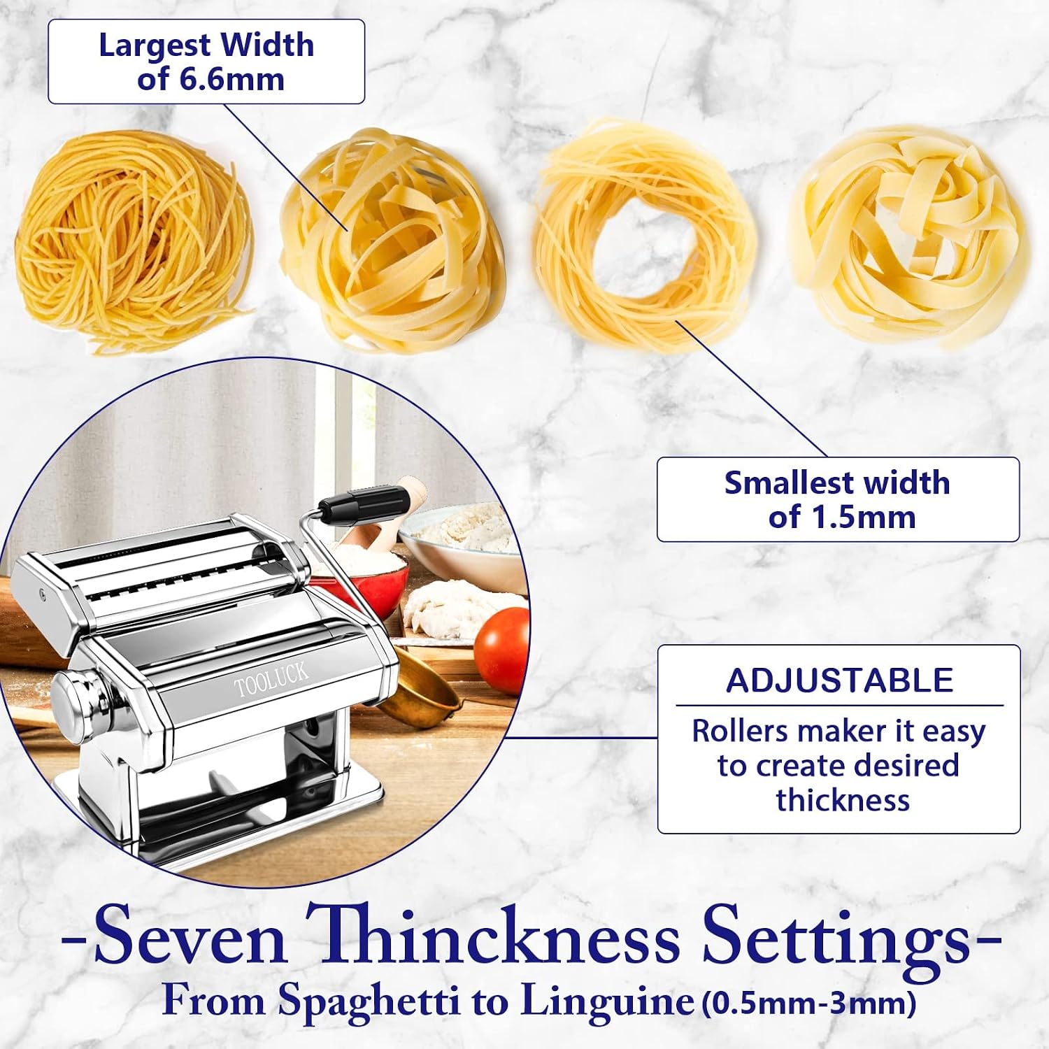 Tooluck Manual Pasta Machine with Hand Crank and Dual Pasta Cutter Attachment, 7 Adjustable Pasta Roller Settings for Handmade Fresh Pasta, Spaghetti