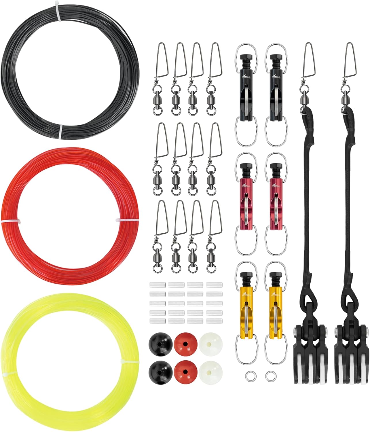 BLUEWING Triple Outrigger Rigging Kit All-in-One with 400lb Mono Line, Release Clips, Pulley, Snap Swivels, Crimps, Ball Stops and Rings for Out Rigger Setup, MB