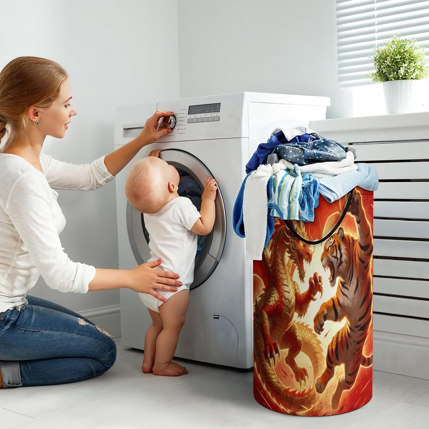 Dragon Versus Tiger Laundry Hamper 86L Waterproof Collapsible Clothes Basket with Double Handles Freestanding Foldable Laundry Basket Large Clothes Hamper for Bathroom