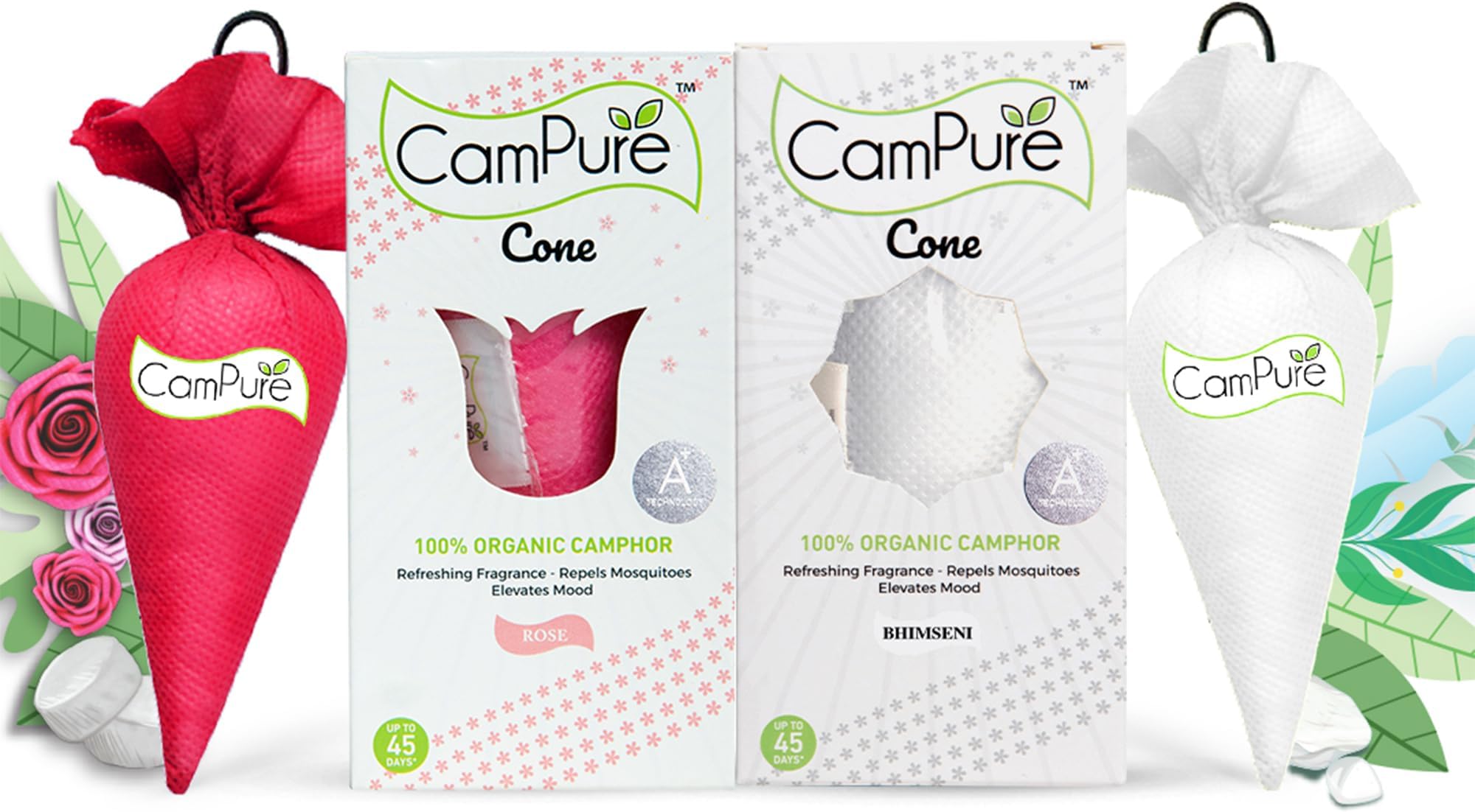 CamPure Camphor Cone (1 Rose + 1 Bhimseni) Pack Of 2-100% Organic | Air Freshener For Car, Wardrobe, Office Cabin's, Drawers, Travel Bag & Bathroom