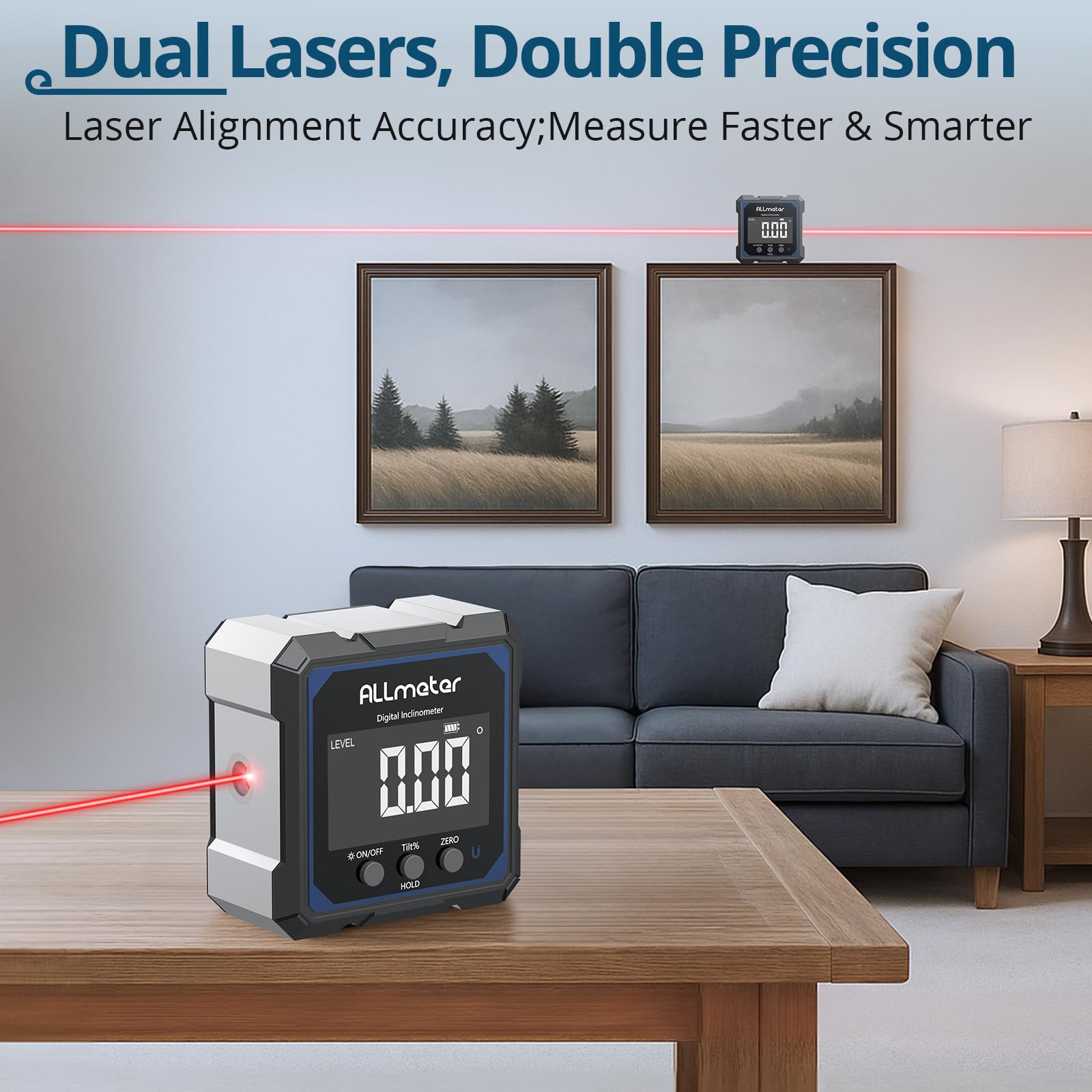 Inclinometro Digitale Ricaricabile con Laser a Quattro Lati, Misuratore Angolare Digitale con Laser, Display LCD, Campo di Misura 4×90°, Impermeabile IP54, per Lavori in Legno, Edilizia