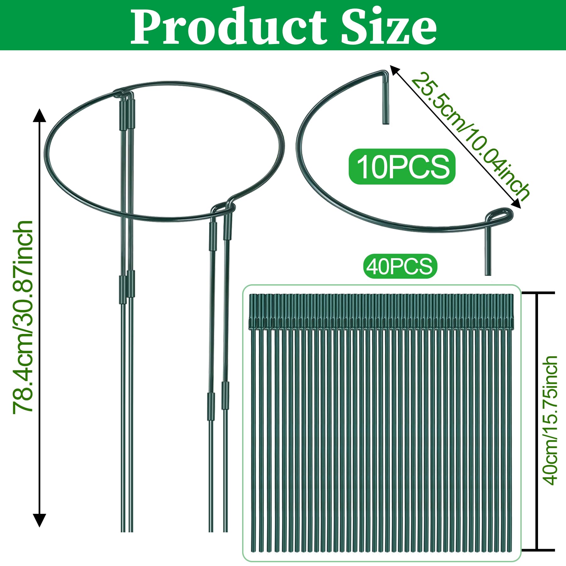 YeahBoom 10 Pièces 25x80cm Tuteurs pour Plantes,Piquets Verts Demi-Ronds Support,Soutien pour Plantes de Jardin,Support de Plantes de Jardin Demi-Rond,pour Hortensias, Pivoines, Plantes Vivace, Légume