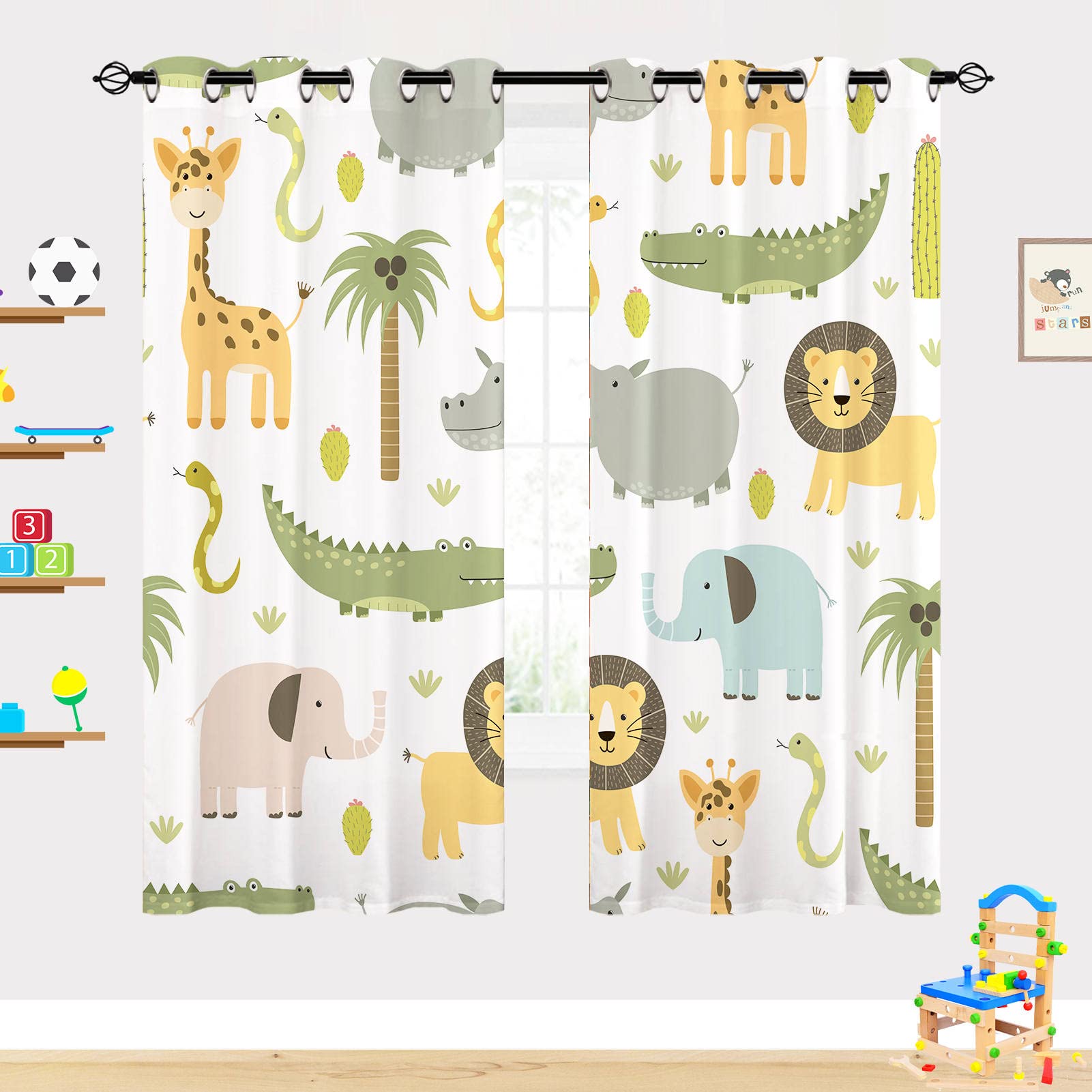 Rideaux Safari Enfants - Motif Jungle Animaux Sauvages (Lion Hippo Éléphant) avec Œillets Opaques Isolants Thermiques pour Chambre Garçons/Filles - 2 Panneaux L75cm x H166cm