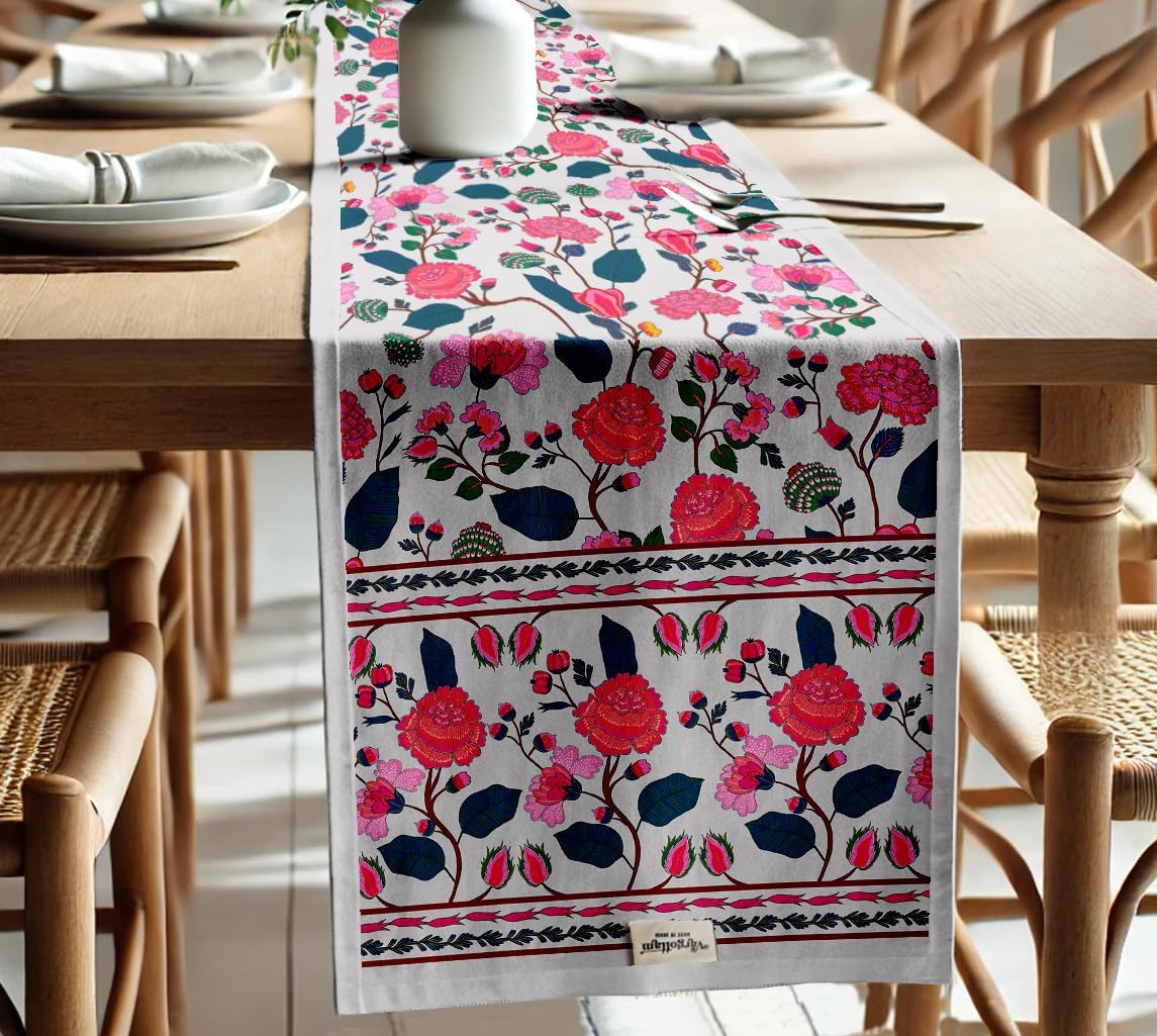 Double Layer Cotton Table Runner with Border - Floral Print, Machine Washable - Dining Table Décor for Farmhouse & Modern Homes