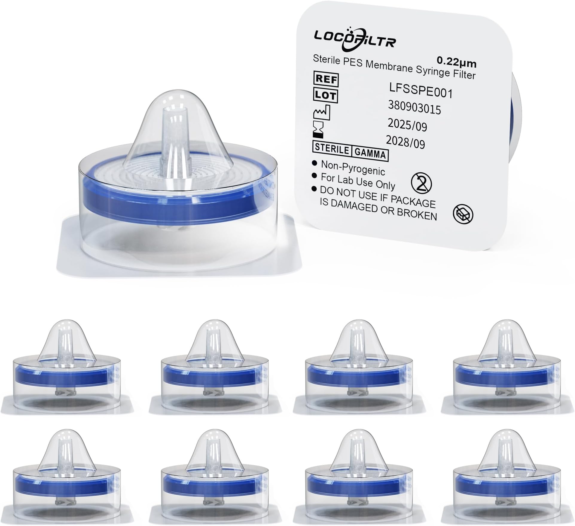 Syringe Filters PES Membrane, Sterile, 33mm Diameter, 0.22um Pore Size, Hydrophilic Filtration, Individually Packed, Pack of 10