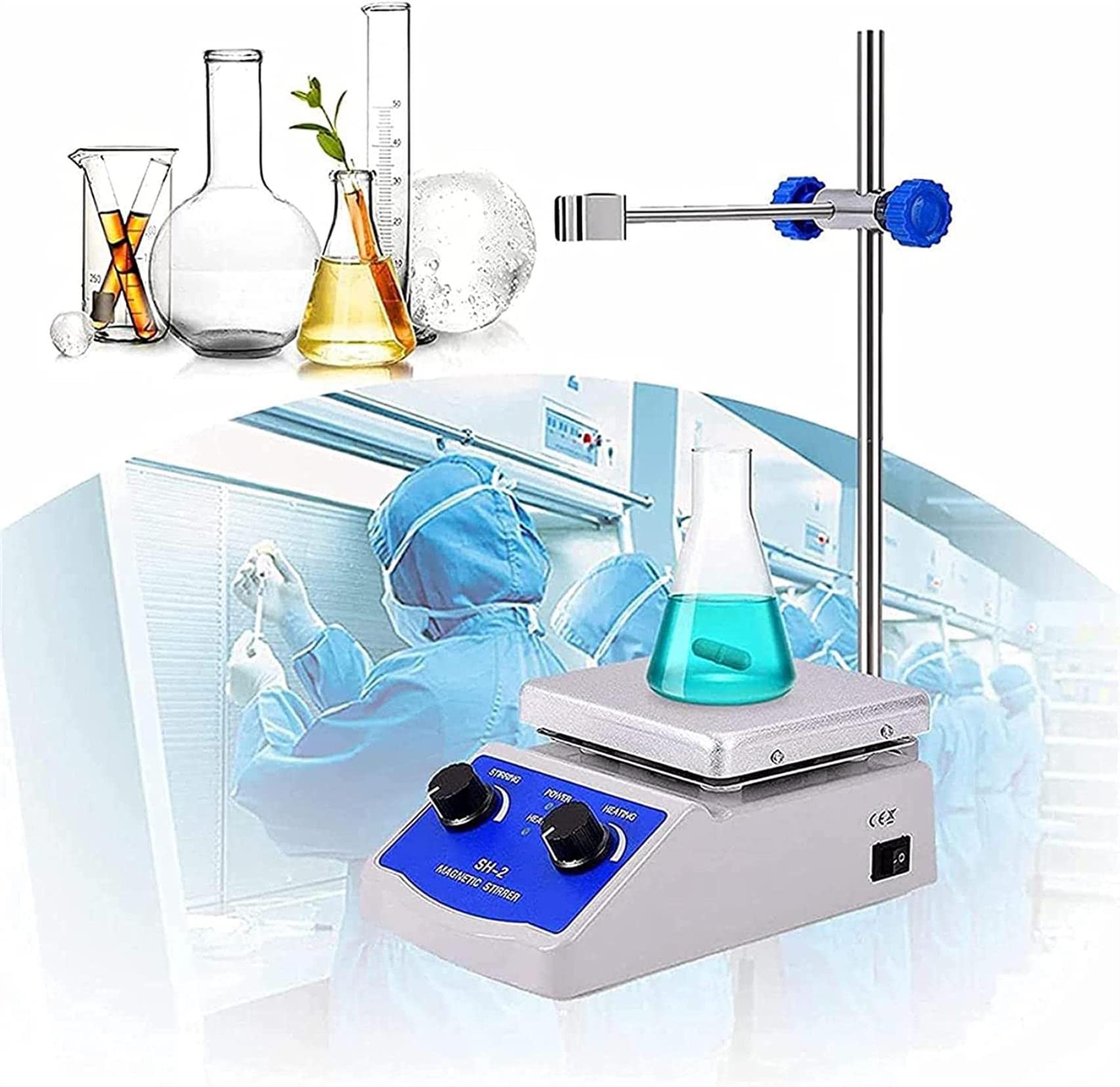 Potente Agitador Magnético De Laboratorio, Placa Caliente De Agitador Magnético con Calefacción, Potencia De Calefacción De 180 W 0-1600 RPM con Soporte para Laboratorio, Aula, Investigación