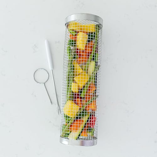 Miniatura 8 de Cesta enrollable para parrilla de verduras, revestimiento antiadherente, fácil de usar para barbacoas y fogatas al aire libre, perfecta para asar