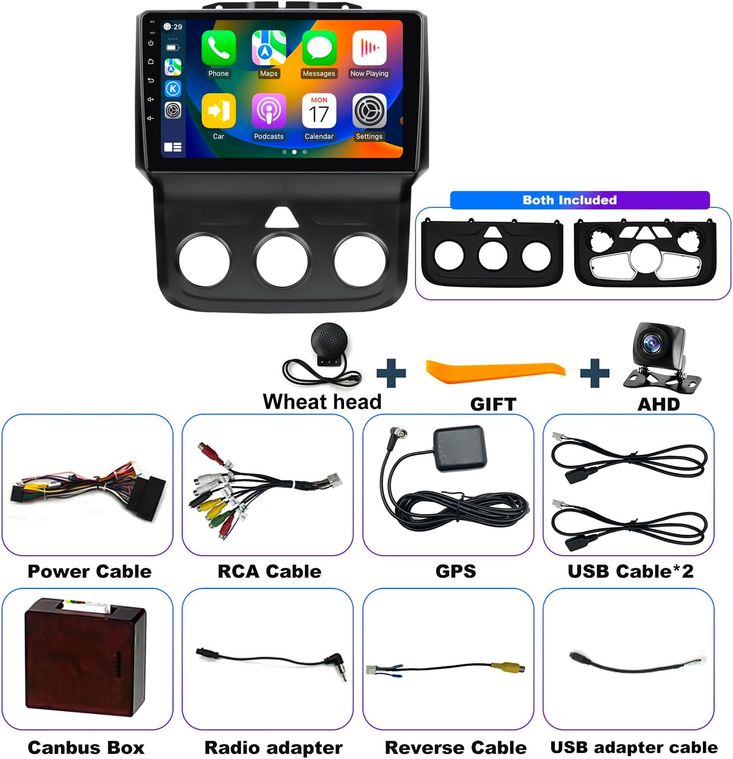 Image showing all included components: the main stereo unit, microphone, installation tool, AHD camera, power cable, RCA cable, GPS antenna, two USB cables, Canbus box, radio adapter, reverse cable, and USB adapter cable.