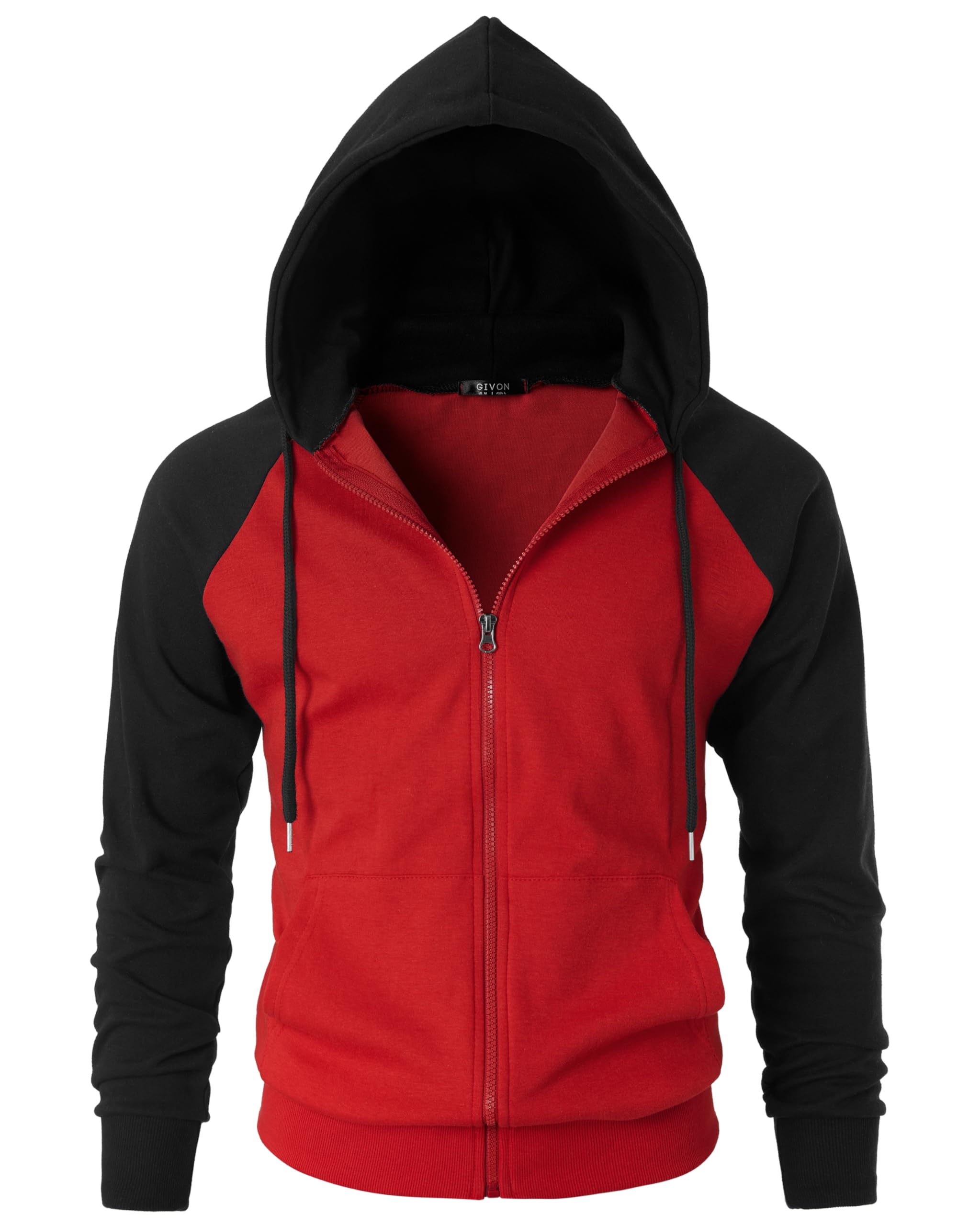 GIVON Men's Zip Up Hoodie Lightweight Baseball Raglan Hooded Sweatshirt / DCF017-REDBLACK-S