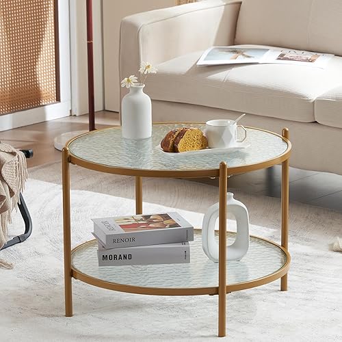 Miniatura 6 de VINGLI 65 cm Pequeña Mesa Redonda de Café Mate Oro con Vidrio Circular Transparente de Ola de Agua, Mesa Central con Diseño de Almacenamiento