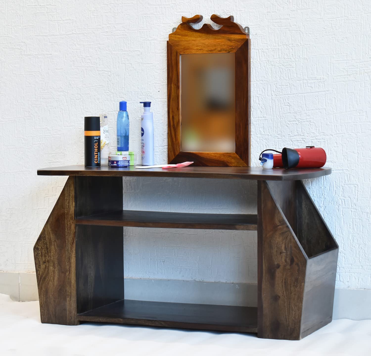 SamDecors Solid Sheesham Wood (Rosewood) Bella Side Table/Dressing Table with Mirror - Dark Walnut-image-30