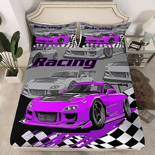 Miniatura 5 de Purple Race Car - Sábana bajera ajustable para niños, tamaño individual, diseño de bandera de carreras, negro y blanco, decoración de habitación de