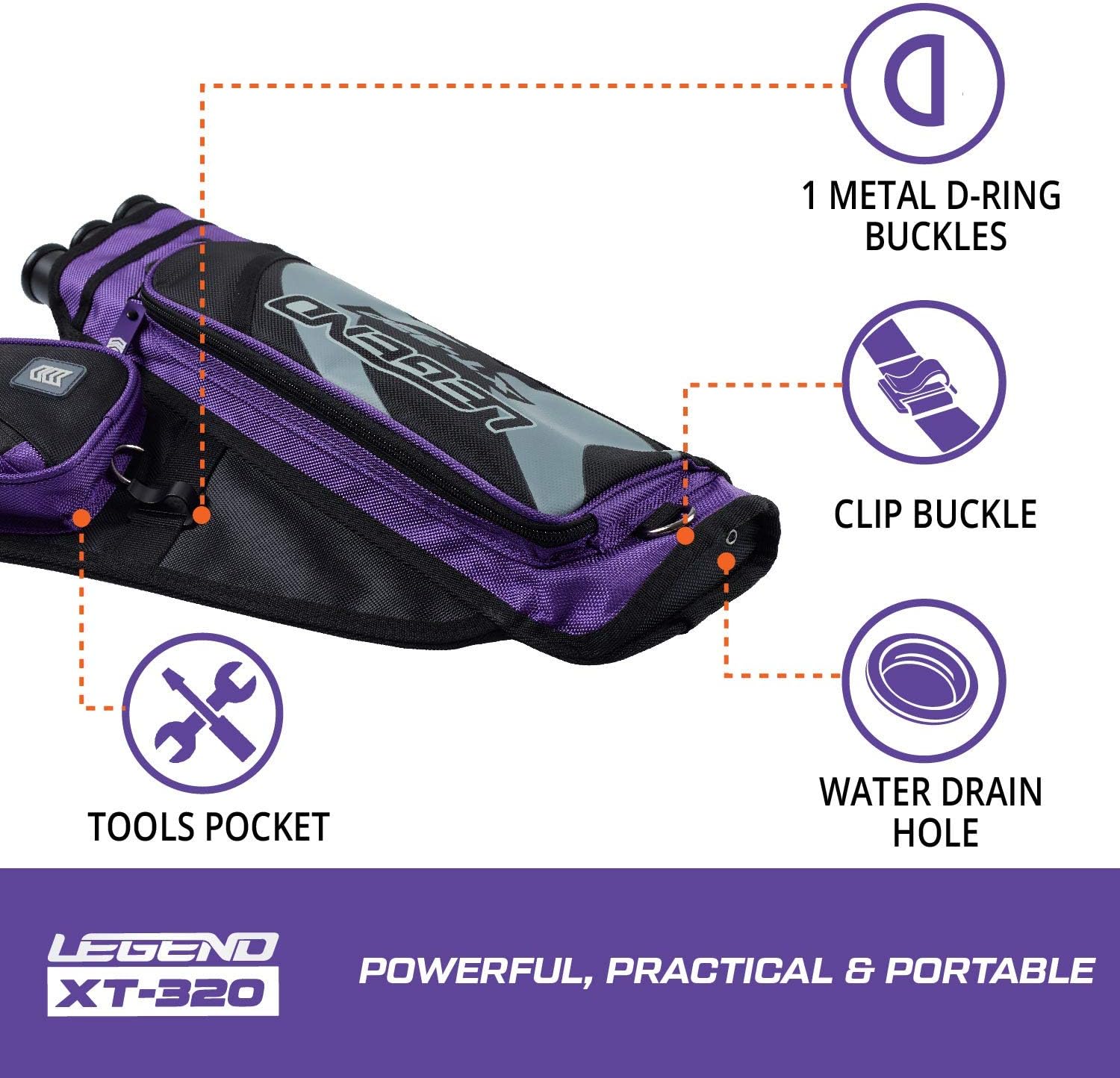 LEGEND XT320 Archery Quivers - Nylon Hip Quivers with 3 Arrow Tube Cases for Target Shooting - Adjustable Waist Belt, T-Slot, Storage Compartments for Accessories, Gear, Tools, Release Tab, Score Card