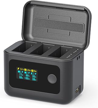 SYMIK Intelligent Battery Charger for DJI Osmo 360, Action 6, Action 5 Pro, Action 4/3, 24W Triple Slots PD Fast Charging Case, OLED Display Charger Hub for DJI OSMO Battery, Shows Battery SOC