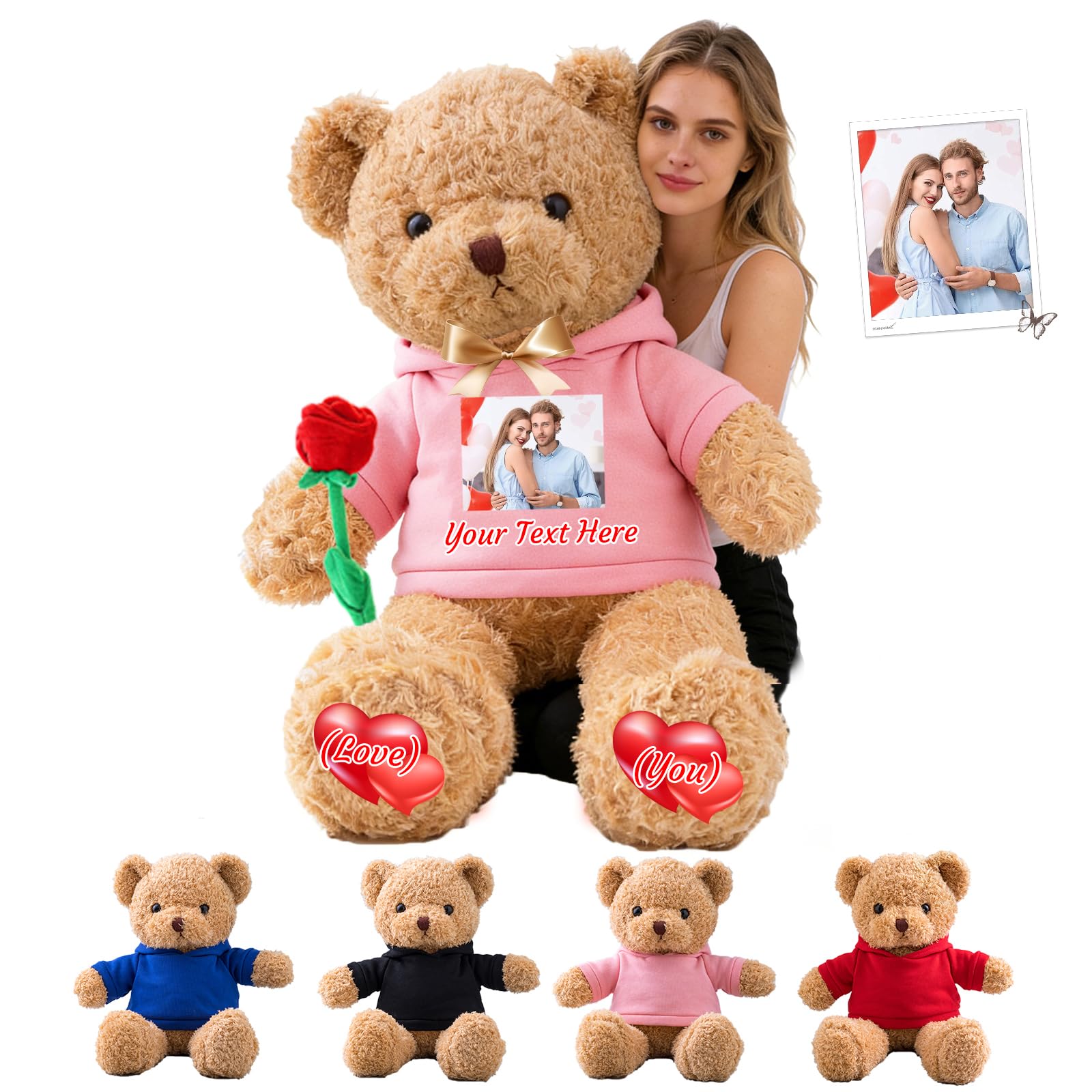 GOUFEISUN Personalised Giant Teddy Bear 20 inch to 48 inch, 1.7 Ft to 4 Ft Custom Big Teddy Bear Stuffed Animal with Photo Text as Personalised Gifts for Her Him on Christmas Birthday Valentines Day
