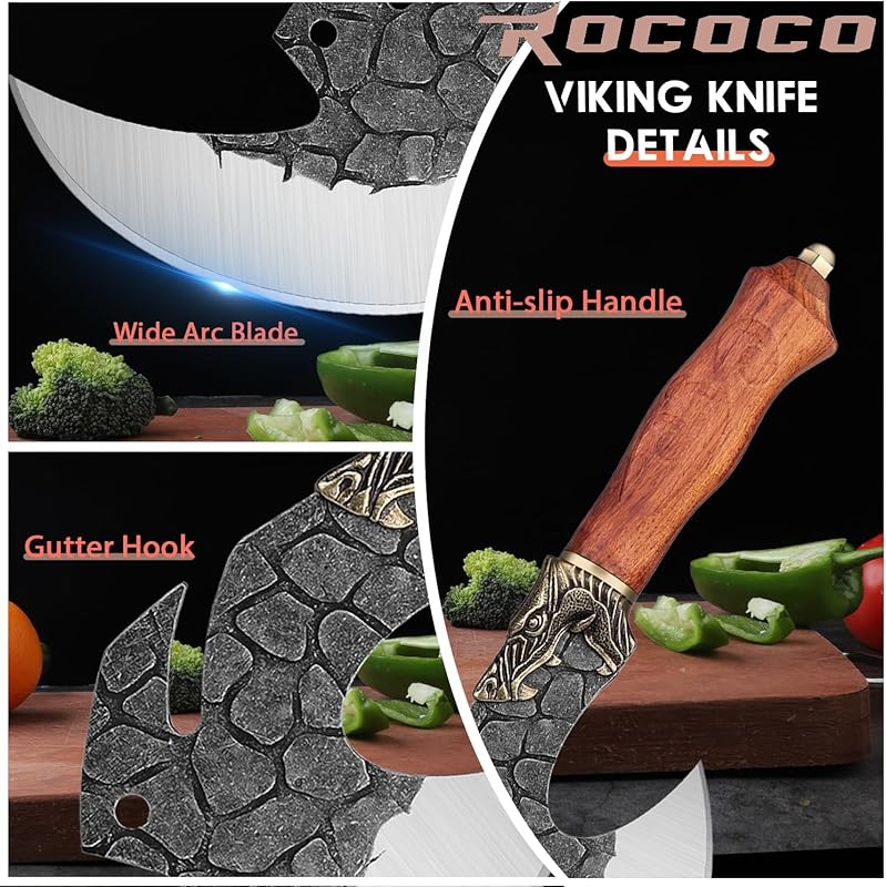 ROCOCO Viking Cleaver Knife Butcher Meat Cutting Boning Knife Hand Forged Chinese Kitchen Axe with Sheath Home Outdoor BBQ Camping Chirstmas Birthday Chirstmas Mother Father Gift Men 6.2 Inches