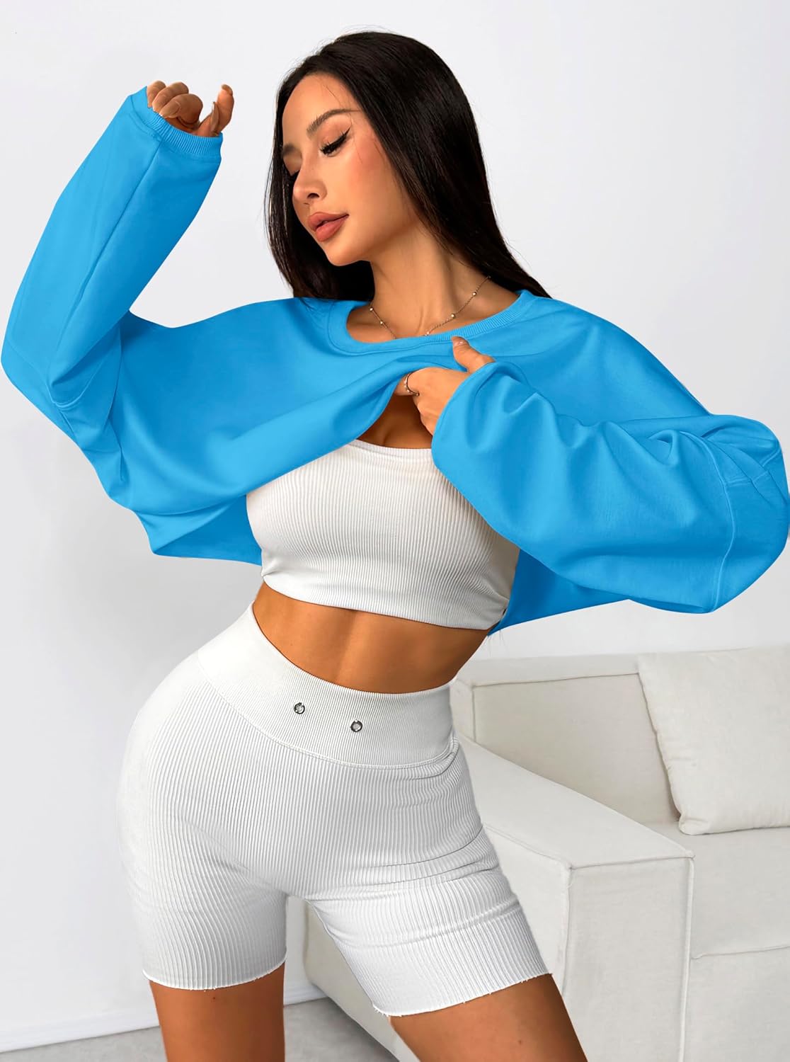 LovelyWholesale Women Long Sleeve Cropped Sweatshirt Oversized Crew Neck Workout Tops - Image 3