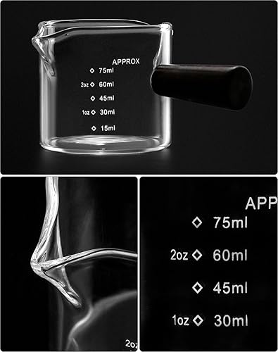 Miniatura 3 de QWORK Vaso de leche de medición de doble boquilla, paquete de 2 vasos de chupito de espresso de 2.5 fl oz con mango de madera, jarra triple de