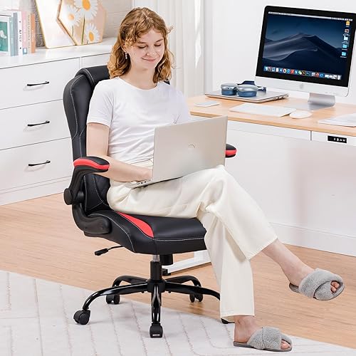 Miniatura 2 de COMHOMA Silla ergonómica para juegos de oficina para adultos, con soporte lumbar, brazos abatibles, altura ajustable, ruedas giratorias de piel