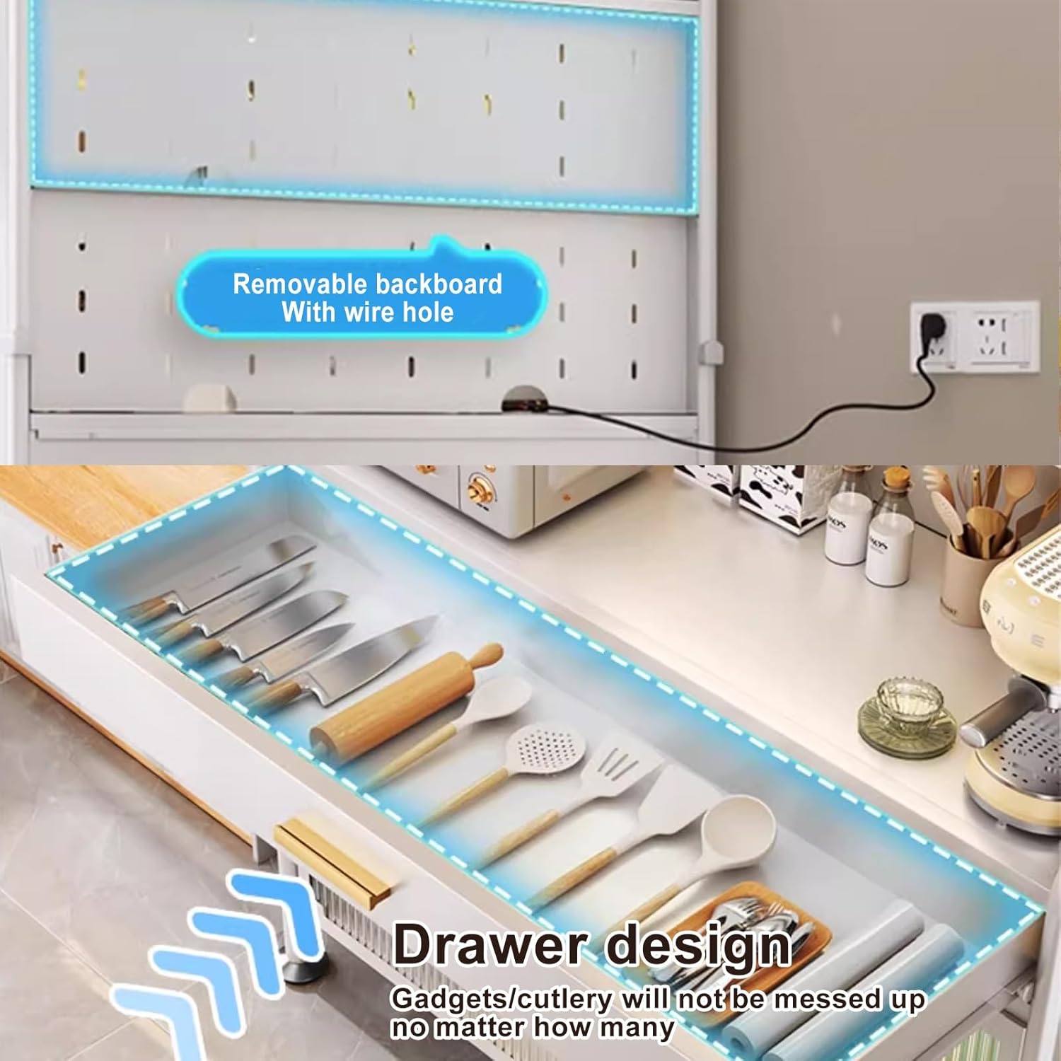 5-Tier Rolling Bakers Rack with 8 Hooks - Microwave Stand & Coffee Station - Black Kitchen Shelves for Spices, Pots & Pans - Compact Design (L: 60cm/23.6in)