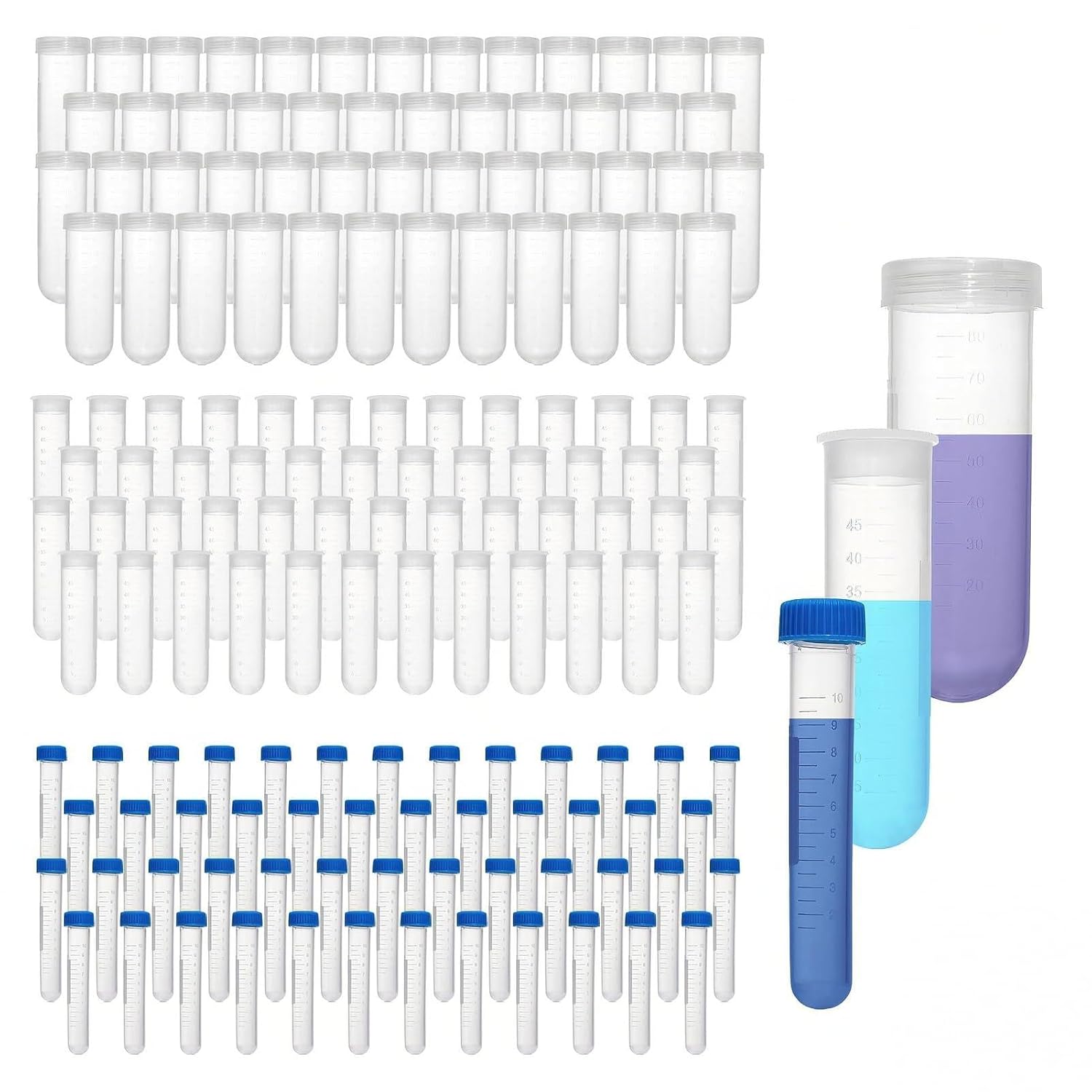 JIUWU 150 Pack [ 10 ml/50 ml/100 ml ] Clear Plastic Conical Centrifuge Tubes with Screw Caps/Press Caps, Test Tube with Caps, with Graduated Marks and Write-on Spot, Laboratory Container