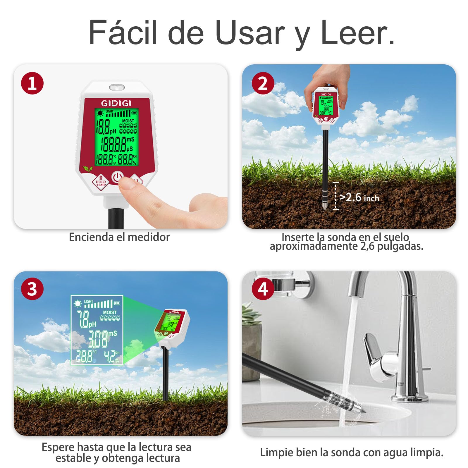 Medidor de pH y Humedad del Suelo 6 en 1, Monitor de Humedad de Plantas, medidor Digital de Humedad del Suelo para Plantas, Sensor para jardinería, Agricultura, Plantas de Interior y Exterior