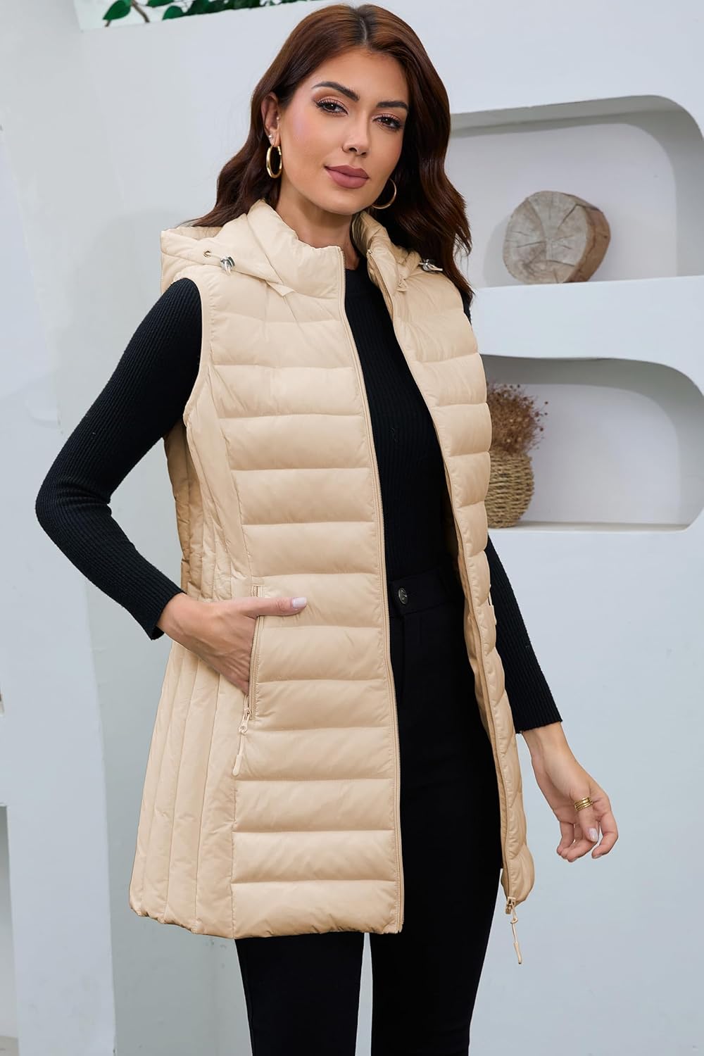 Long Puffer Vest for Women with Hood Lightweight Packable Sleeveless Vest for Spring, Fall & Winter - Image 4