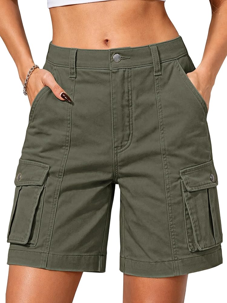 ELLEVEN Cargo Shorts Women High Waisted Bermuda Knee Length Cotton