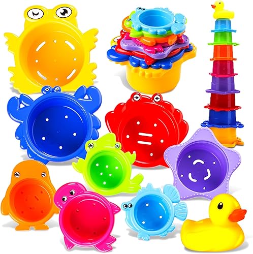 SMALL FISH Vasos apilables para niños pequeños, tazas de baño arcoíris para bebés de 1 a 3 años de edad, tazas anidables seguras con patito de goma