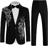 Catheive Men's Slim Fit 2-Piece Tuxedo Suit with Bow Tie - Formal Blazer Pants for Wedding Prom Black Tie