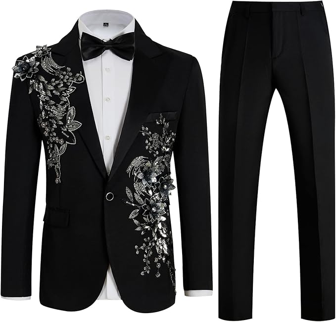 Mens Suits Slim Fit 2 Piece Floral Tuxedo Suits Blazer Pants with Bow Tie for Wedding Prom Parties