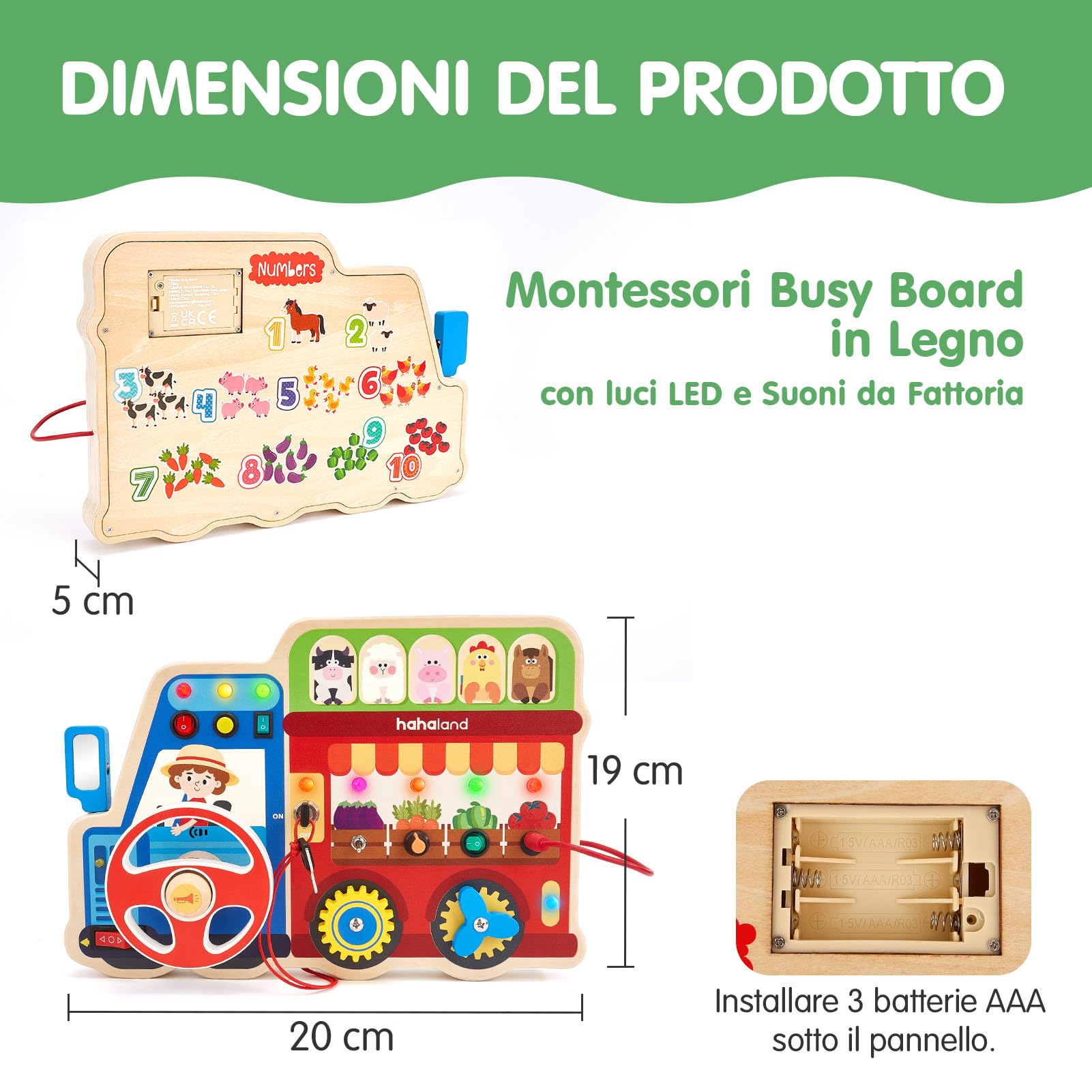 hahaland Busy Board in Legno 2 Anno, Montessori Lavagna attività da Fattoria con luci LED e Suoni, Giochi Legno Giocattolo Educativo Sensoriale Regalo Bambino 2 3 4 Anni